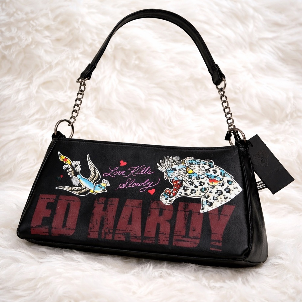 Ed Hardy Black Shoulder Bag with Graphic Design
